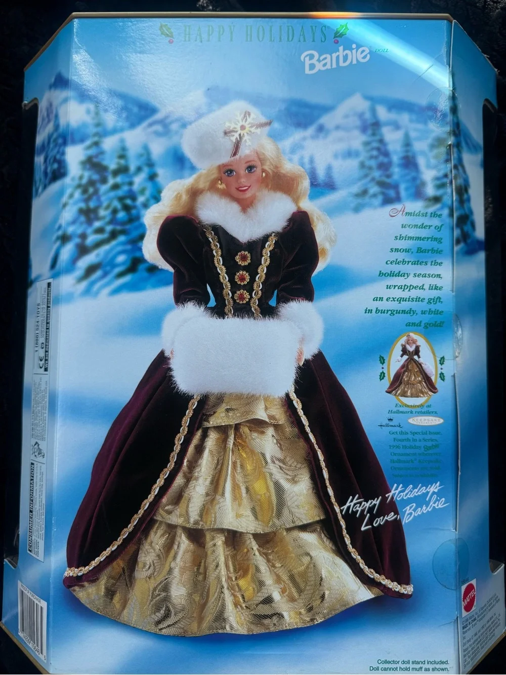 1996 Happy Holidays Barbie Burgundy, White & Gold Holiday Velvet Doll #Barbie